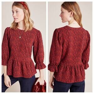 Anthropologie | RO + DE Perette Peplum Top Rust Red Textured Blouse Fall Ruffle